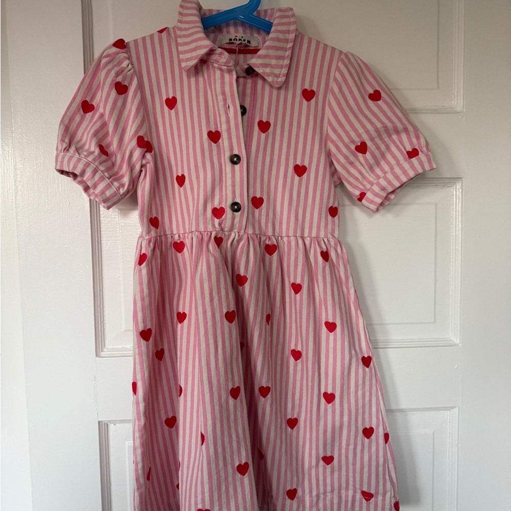 Mini Boden Pink and Red Heart Striped Dress